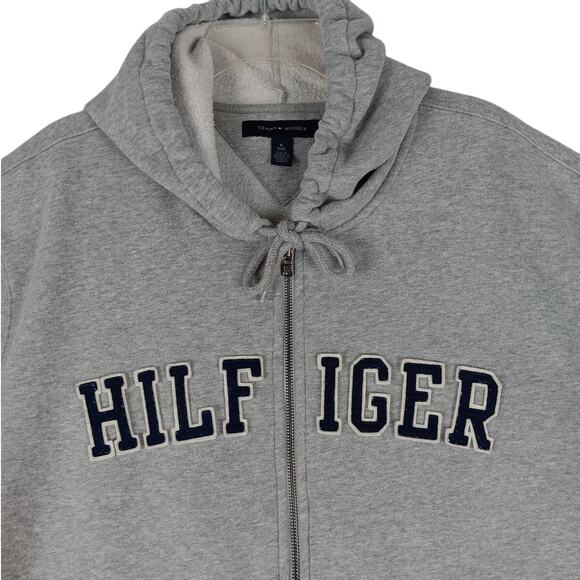 Tommy Hilfiger Hoodie Mens XL Gray Spell Out Zip Drawstring Street Casual Y2K - Picture 2 of 14